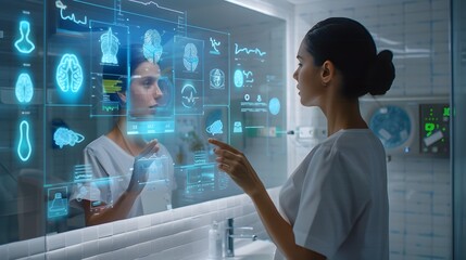 Healthcare Worker Monitoring Patients  Health Metrics Through Holographic Dashboard in Hospital