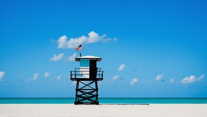 Beach landscape, lifeguard tower, turquoise ocean, clear blue sky, white puffy clouds, tropical paradise, minimalist composition, vibrant colors, serene atmosphere, empty beach, summer vacation, coast