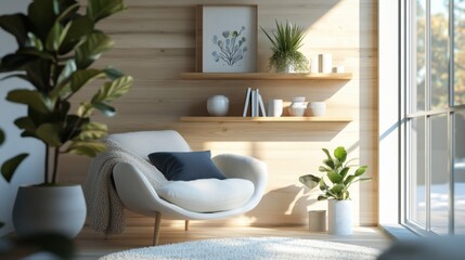 Scandinavian living room featuring pale wood accents, iconic lounge chair, ceramics on floating shelves, and a fiddle leaf fig. Soft pastel color scheme. Wide-angle view.
