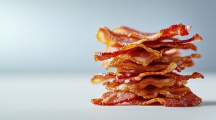 Crispy bacon stacked in a neat arrangement on a light background.