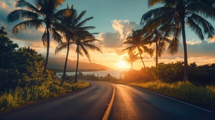 Sunrise over a Hawaiian road with palm trees lining the way
