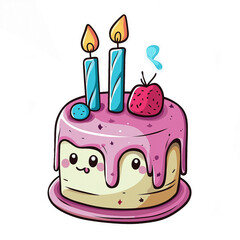 Two years birthday cake glazed pink with lit candles and strawberry isolated on white background, funny illustration