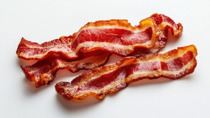 Savory bacon strips arranged on a white background, ideal for culinary themes and food presentations.