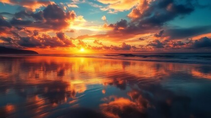 Sunset on a Hawaiian beach with the sky reflecting in the wet sand