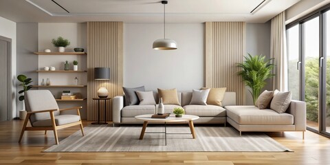 Modern living room with minimalist furniture and neutral color palette , minimalist, modern, living room