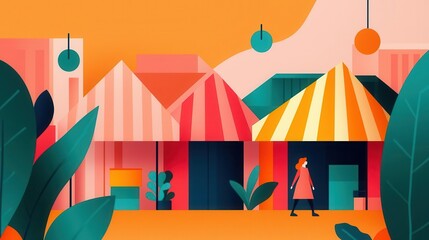 Farmers market with local artists, paintings and crafts, flat design illustration