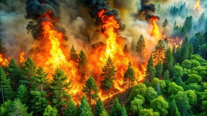A raging fire spreading through a lush green forest, wildfire, disaster, danger, flames, forest, smoke, emergency