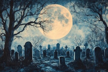 A Graveyard Beneath a Full Moon