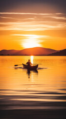 Obraz premium Lonely man sailing on a lake in a boat at sunset, two oars