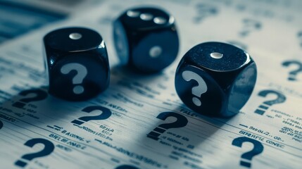 Three black dice with question marks on a sheet of paper filled with questions, symbolizing uncertainty and curiosity.