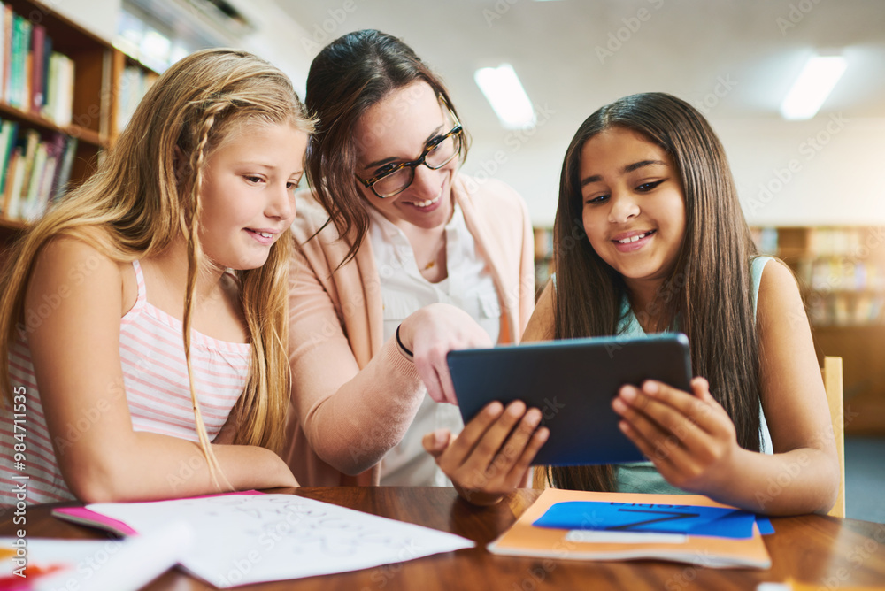 Aufkleber Teacher, children and digital with tablet for education, elearning and math game for numbers solving skill. School, educator and students in elementary for knowledge, multiplication and studying app