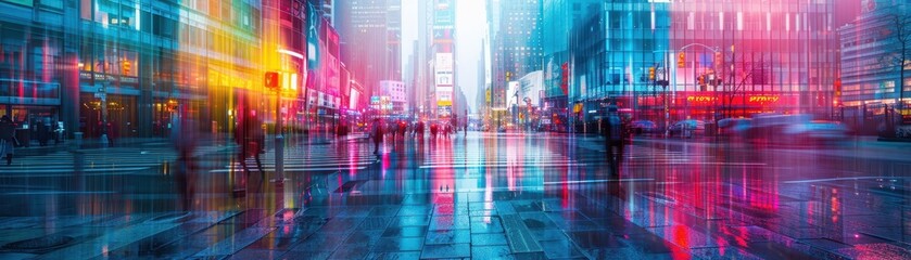 A city street with people walking and cars driving