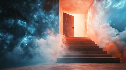 Surreal success imagery, combining floating staircases, open doors, and abstract elements that represent the imaginative path to success.