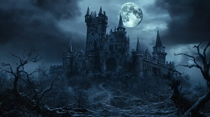 A haunted castle surrounded by dead trees, with the full moon illuminating its jagged towers.
