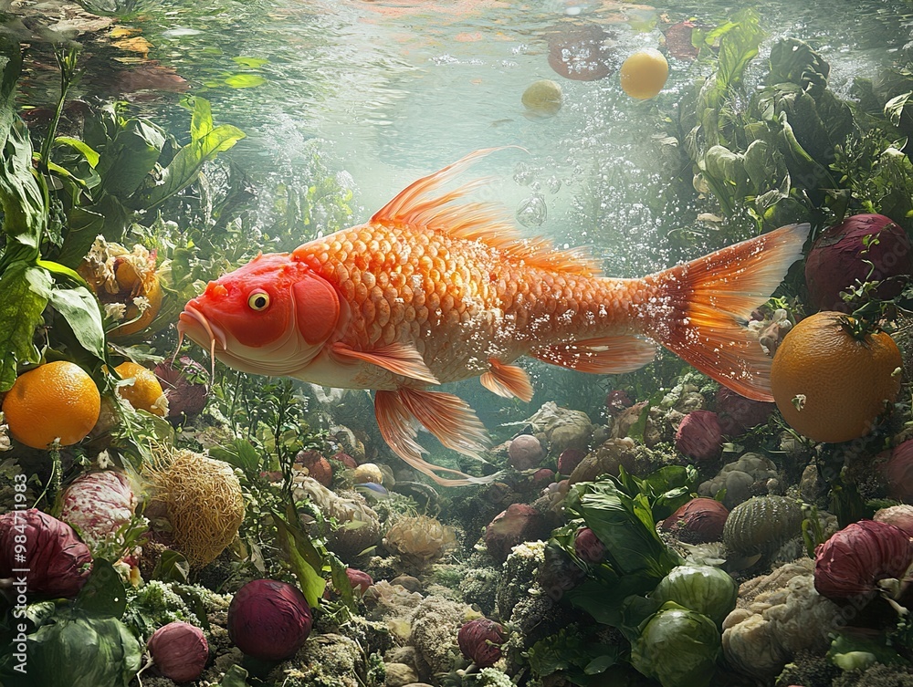 Wall mural Surreal Underwater Still Life with Fish and Fruit