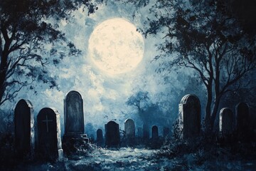 A Moonlit Graveyard with Silhouettes of Trees and Tombstones