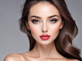 Fototapeta premium A close-up portrait of a woman with soft makeup and flowing hair, showcasing beauty and elegance.