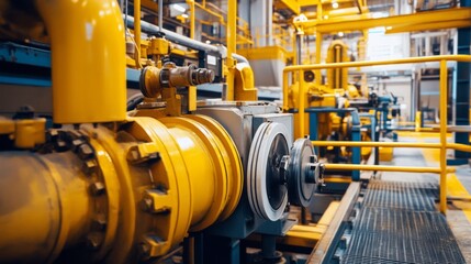 Yellow industrial machinery in a factory setting, strong and functional,
