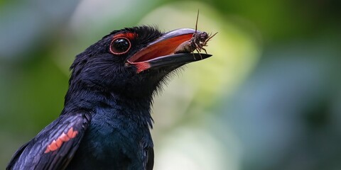 A bird is eating a bug. The bird is black and red. The bug is small and brown