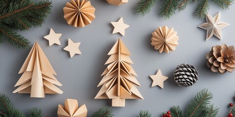 A Christmas tree made of paper is surrounded by stars and pine cones. The scene is festive and cheerful, with the paper tree and other decorations adding a touch of warmth and holiday spirit