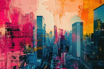 A cityscape with a splash of color and a sense of chaos