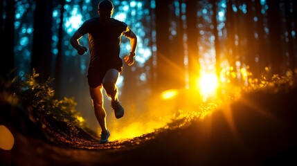 Effortless Runner Sprinting Down Winding Forest Trail in Sunlight