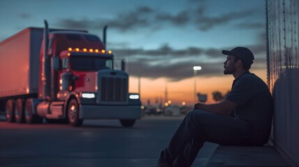 The long-distance truck driver lifestyle, showing a driver resting at a truck stop with a big rig parked nearby