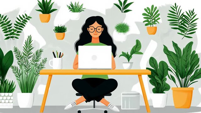 A person is seated at a wooden desk in a bright space filled with various indoor plants, working on a laptop and surrounded by stationery. The ambiance feels calming and inviting.