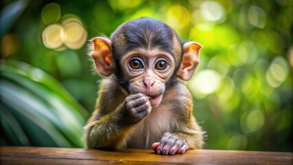Fototapeta premium Playful mischievous small monkey , cute, adorable, primate, animal, cheeky, playful, fun, wildlife, small, furry, jungle