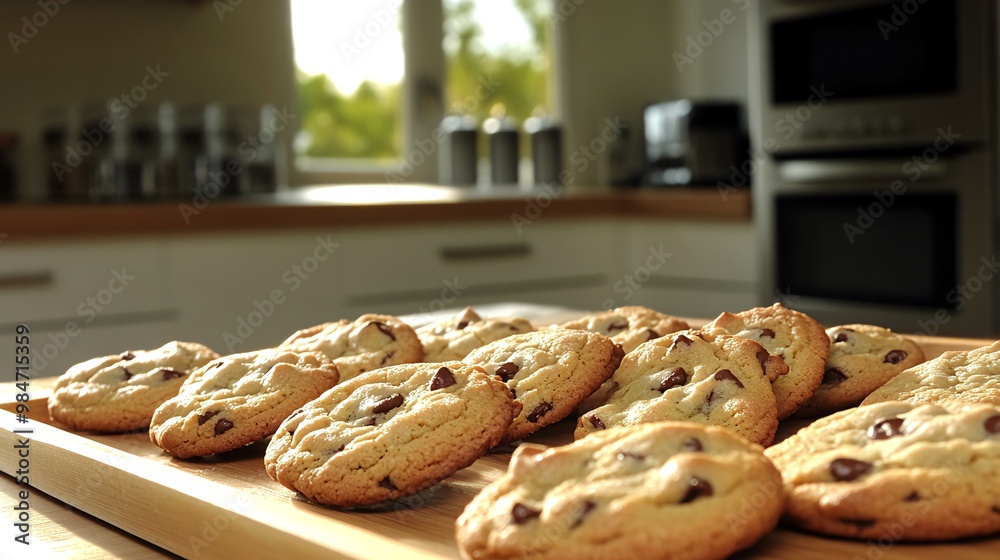 Wall mural A close-up of a tray of freshly baked chocolate chip cookies on a wooden counter in a kitchen.