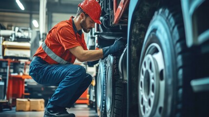 Truck maintenance tips, with a mechanic working on the engine, changing oil, and checking the tires in a garage