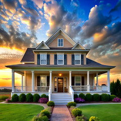 a house with a large front porch and a sky