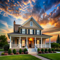 a house with a large front porch and a sky