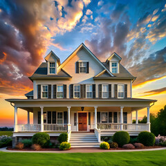 a house with a large front porch and a sky