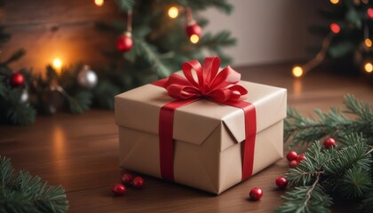 A gift box wrapped in beige paper with a red rib. Shell and fir branch