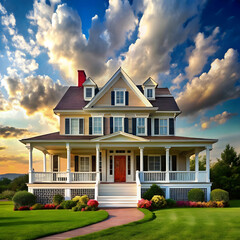 a house with a large front porch and a sky