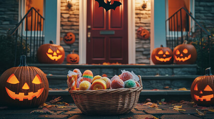 Obraz premium halloween candy lollipops and pumpkin in front of the door and table trick or treat jack o lantern background