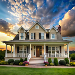 a house with a large front porch and a sky