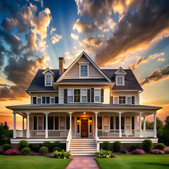 a house with a large front porch and a sky