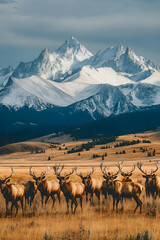 Herd of Elk with the snow-capped Rocky Mountains in the background  , Generated with Artificial Intelligance