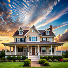 a house with a large front porch and a sky