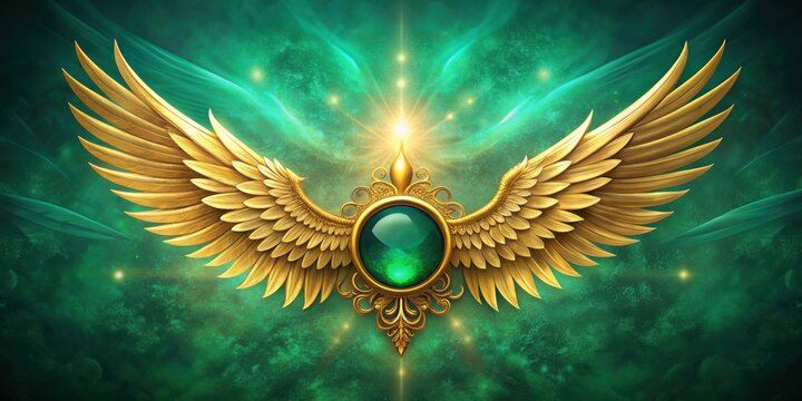 Angelic abstract motif in emerald gold color with healing emerald background and Archangel Raphael wings , angelic