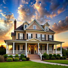 a house with a large front porch and a sky