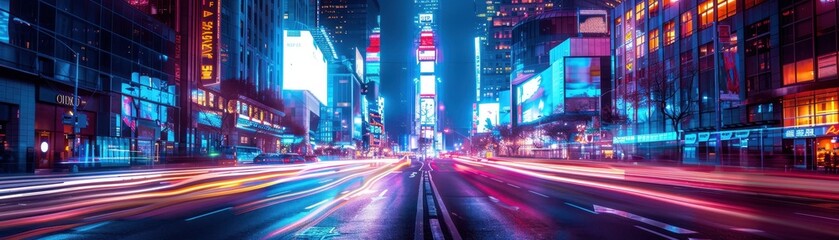 A city street with a neon sign in the background
