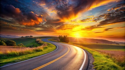 Naklejka premium Winding road disappearing into the distance at sunset, road, sunset, winding, horizon, journey, scenic, travel, destination