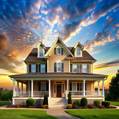 a house with a large front porch and a sky