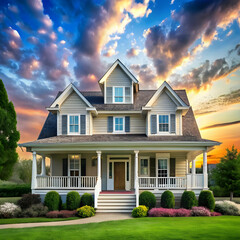 a house with a large front porch and a sky