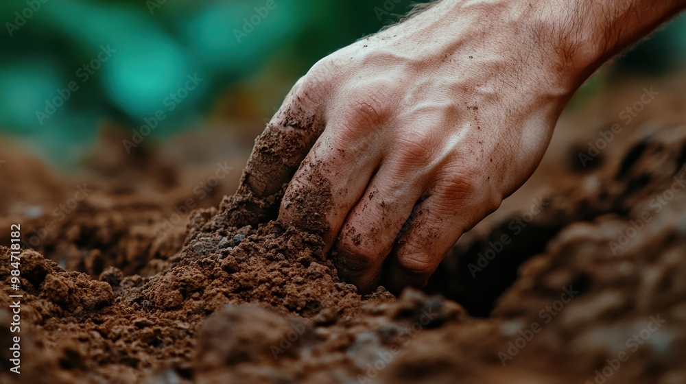 Sticker A person's hand digging in the dirt with a shovel, AI