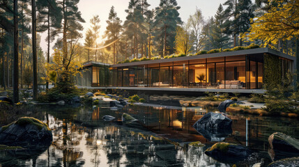Fototapeta premium A work-life balance where workspaces are built into nature, with offices located in forests and by rivers, allowing employees to work surrounded by the beauty of the natural world