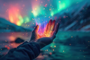 A hand is holding a glowing object in front of a lake
